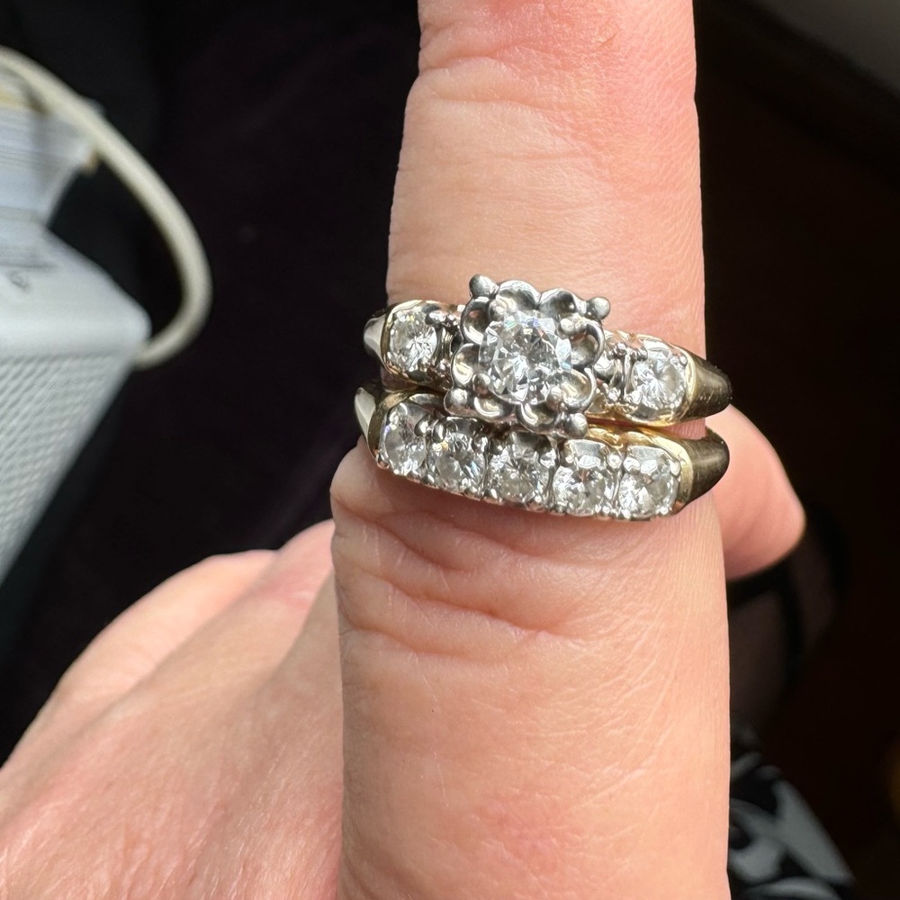 14K Yellow Gold diamond engagement ring and wedding band.